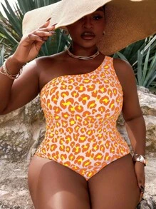 Slaydiva 1pc Plus Size Women Leopard Print One-Shoulder Elegant Mature One-Piece Swimsuit - Multicolor - View 4