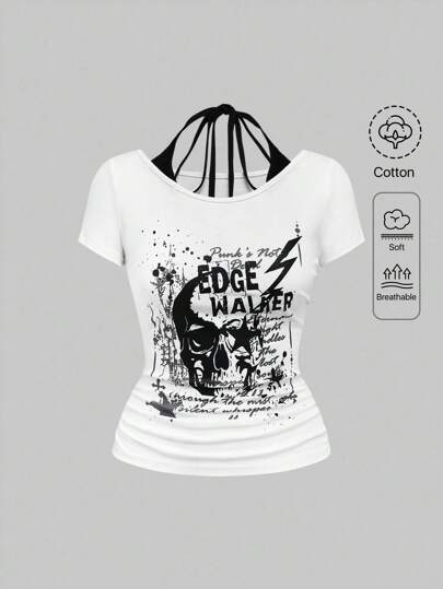 Grunge Punk Maglietta a maniche corte aderente con collo a lupetto, stampa di scheletro e stelle, stile vintage Y2K, per l'estate
