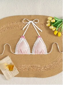 Swim Mod 女士夏季蕾丝边细肩带纯色比基尼上衣，适合海滩度假 - 粉色 - 查看 1