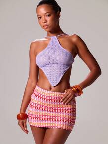 MUSERA Tie Halterneck Hankerchief Hem Textured Knit Top Ibiza Sexy Vacation Holiday Spring Summer Festival Beachwear Romantic Elegant Birthday Rave Cover Up Tequila Sunrise - Mauve Purple - View 2