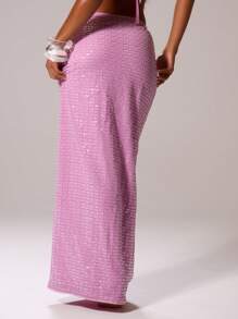 MUSERA Low Rise Sequin Textured Straight Fit Maxi Skirt Bottom Only Ibiza Sexy Vacation Holiday Summer Festival Beachwear Romantic Elegant Birthday Wedding Guest Tequilla Sunrise Chic - Purple - View 4