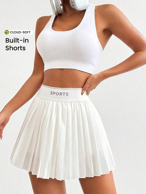 CourtClass Falda mini deportiva plisada con cinturón tejido con letras de estilo casual, falda de tenis de verano, falda atlética