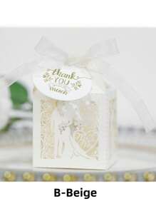 SHEIN 25 Stücke/Packung Braut & Bräutigam Lasergeschnittene perlmuttfarbene Papier-Süßigkeitendose mit Schleife & Dankeschön-Anhänger & Rosenblumendesign, kleine Größe (5*5*8cm) Hochzeitsfeier Geschenkbox
