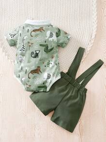 Summer Animal Print 2pcs/Set Newborn Baby Shortalls With Short Sleeve Bodysuit - Army Green - View 2