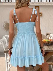 Swim Lushoire Đầm yếm che thân màu trơn phối ren vá bèo nhún buộc phía trước cho kỳ nghỉ bãi biển mùa hè của phụ nữ - trắng - Xem 2