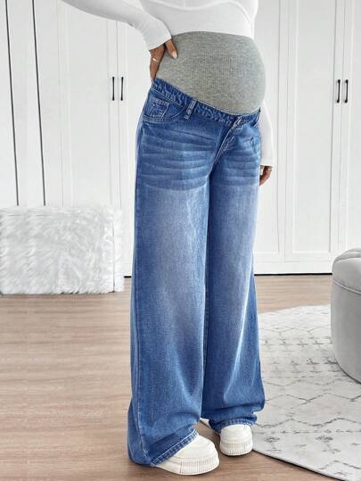 SHEIN Pantalones vaqueros rectos de embarazo con soporte de cintura tejido y ajuste relajado