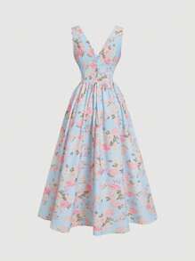 SHEIN MOD V-Neck Tie Up Waist Ruffle Hem Blue Floral Print Dress - Blue - View 2