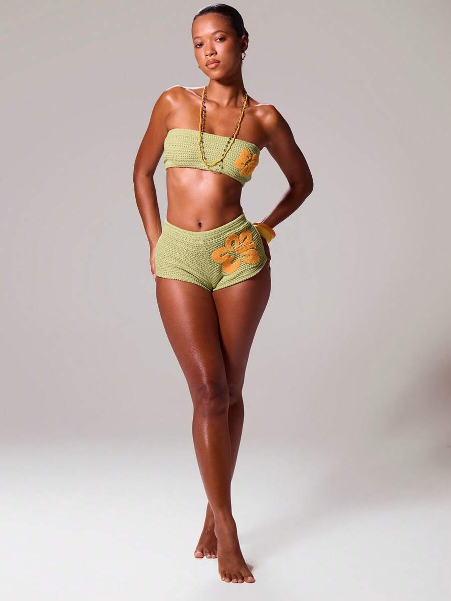 MUSERA Low Rise Crochet Contrast Floral Hotpants Micro Mini Shorts Ibiza Sexy Vacation Holiday Spring Summer Festival Rave Beachwear Tequila Sunrise, Beach Club Chic - Green - View 1