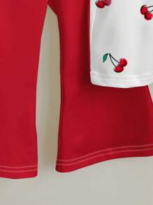 SHEIN Cute Polka Dot Cherry Print Red Baby Girl Casual Minimalist Short Sleeve Crew Neck & Pants Set, Suitable For Spring/Summer - Multicolor - View 5