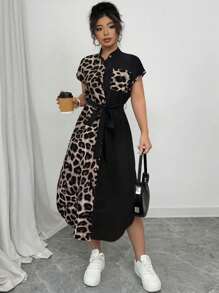 Elenzga 大码女式优雅豹纹衬衫领蝙蝠袖腰带蝴蝶结木质纽扣设计休闲俱乐部时尚春夏连衣裙 - 彩色 - 查看 7