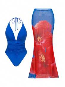 Swim Oasis Women Solid Triangle Spaghetti Strap Front Shirred Backless Slit Hem Printed Two Pieces Swimsuit For Summer Beach Vacation