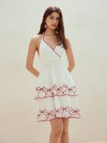 MOTF STUDIO VESTIDO CORTO CON ESTAMPADO DE MOÑO Y CUELLO DE HALTER - Blanco - Ver 4