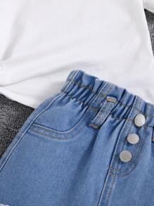 SHEIN Baby Girls' Denim Skirt With Frayed Hem, Spring Summer Cute Boho Ruffled Waist - Light Wash - View 4