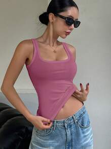 DAZY Camiseta de tirantes anudados de unicolor para mujer, minimalista y de moda - Rosa Fucsia - Ver 3