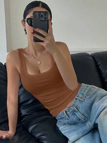 DAZY Parte superior de tirantes casual y versátil de unicolor para mujer - Camel - Ver 5