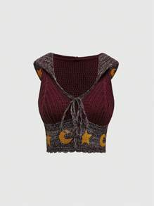 ROMWE Hippie 大码嬉皮波西米亚风日月星空印花连帽针织毛衣