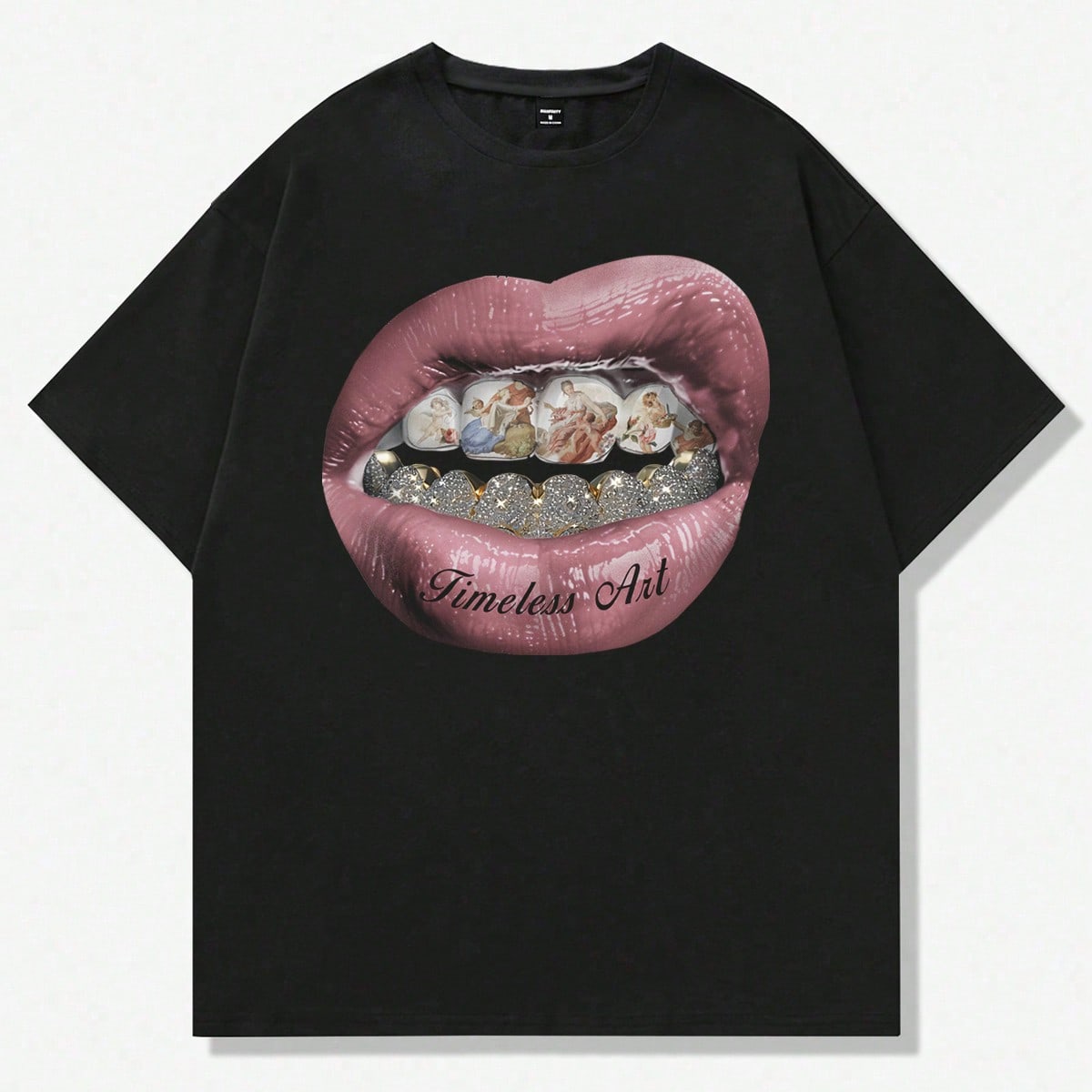 Camiseta gráfica de corte holgado y manga corta caída, con estilo retro de alta calle, diseño creativo de ángel, Virgen María y pintura al óleo
