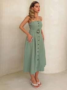 Glamine Button Front Belted Cami Dress Maxi Women Outfit - Grön - Visa 4