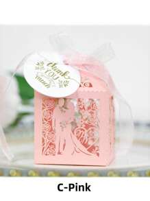 SHEIN 25 Stücke/Packung Braut & Bräutigam Lasergeschnittene perlmuttfarbene Papier-Süßigkeitendose mit Schleife & Dankeschön-Anhänger & Rosenblumendesign, kleine Größe (5*5*8cm) Hochzeitsfeier Geschenkbox