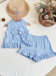 LMoss Kids 2pcs Baby Girl Solid Color Knitted Ruffled Collar Top And Shorts Set - Blue - View 1