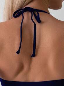 Swim Basics Women's Summer Beach Solid Halter Tie Up Sexy Bikini Top - Navy Blue - View 5