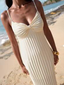 Opulessa Women's Casual Woven Fabric Maxi Dress: Sleeveless, Round Neck, Pleated Design, And White For Effortless Summer Style - White - View 4