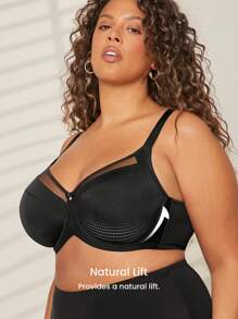 LUVLETTE Plus Curvy Lingerie Black Unlined Full Coverage Side Support Mesh Sheer Airy Basic Breezy Comfort Minimizer Bra - Black - View 6