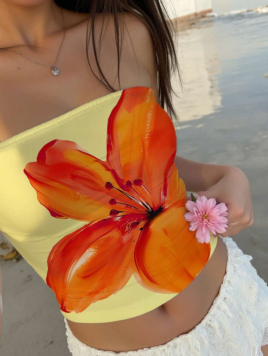 Aloruh 女士休闲弹力抹胸上衣，橙色花卉印花，适合夏季、热带花卉、音乐节、夏威夷印花、度假 - 彩色 - 查看 1
