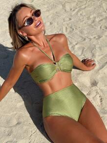 Swim Vcay 2pcs/Set Women Casual Simple Drawstring Swimsuit Set - Green - View 4