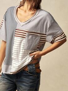 Bohemela Knit Striped Patchwork Loose Fitting Women Short Sleeve T-Shirt
