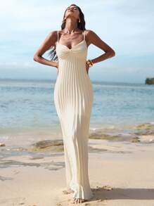 Opulessa Women's Casual Woven Fabric Maxi Dress: Sleeveless, Round Neck, Pleated Design, And White For Effortless Summer Style - White - View 1