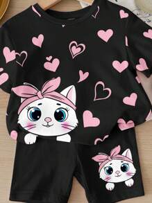 SHEIN 可爱粉色爱心和小猫印花女婴休闲圆领短袖T恤和紧身短裤套装，适合春夏季 - 彩色 - 查看 3