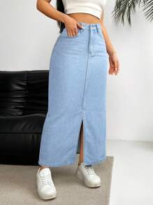 SHEIN Essnce Falda vaquera casual larga con bolsillos y dobladillo con abertura para mujeres