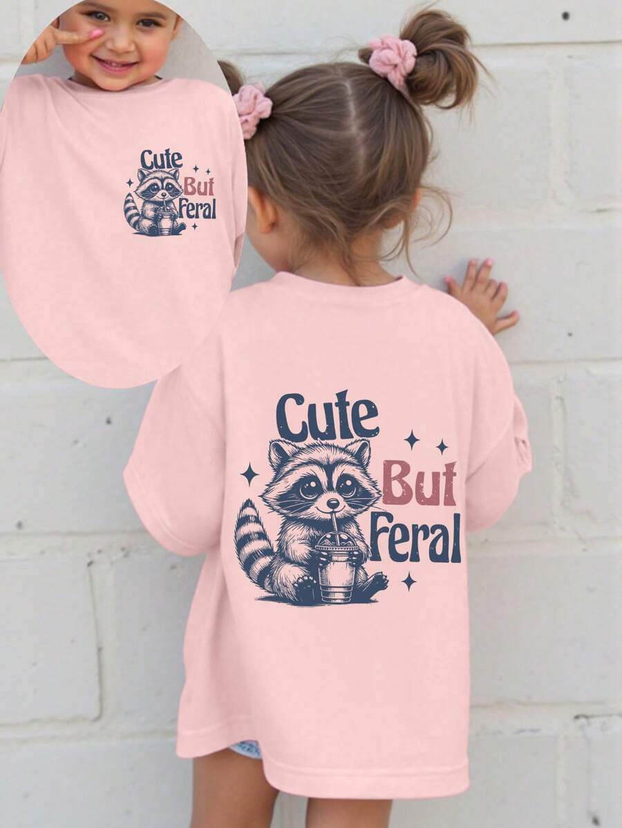 Baby Girl Casual Fashion Comfortable Cute Raccoon & Letter Print Short Sleeve Round Neck T-Shirt, Spring/Summer - Pink - View 1