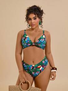 Travachic Plus Size Tropical Print Twist Front Bikini Top: Green Knitted Fabric, Spaghetti Strap, Sleeveless, Casual Style For Summer