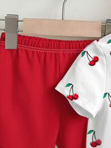 SHEIN Cute Polka Dot Cherry Print Red Baby Girl Casual Minimalist Short Sleeve Crew Neck & Pants Set, Suitable For Spring/Summer - Multicolor - View 4
