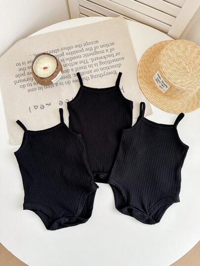 SHEIN LMoss Kids مجموعة من 3 قطع من الرومر المحبوك الأبيض الجميل للأطفال الرضع لفصل الصيف