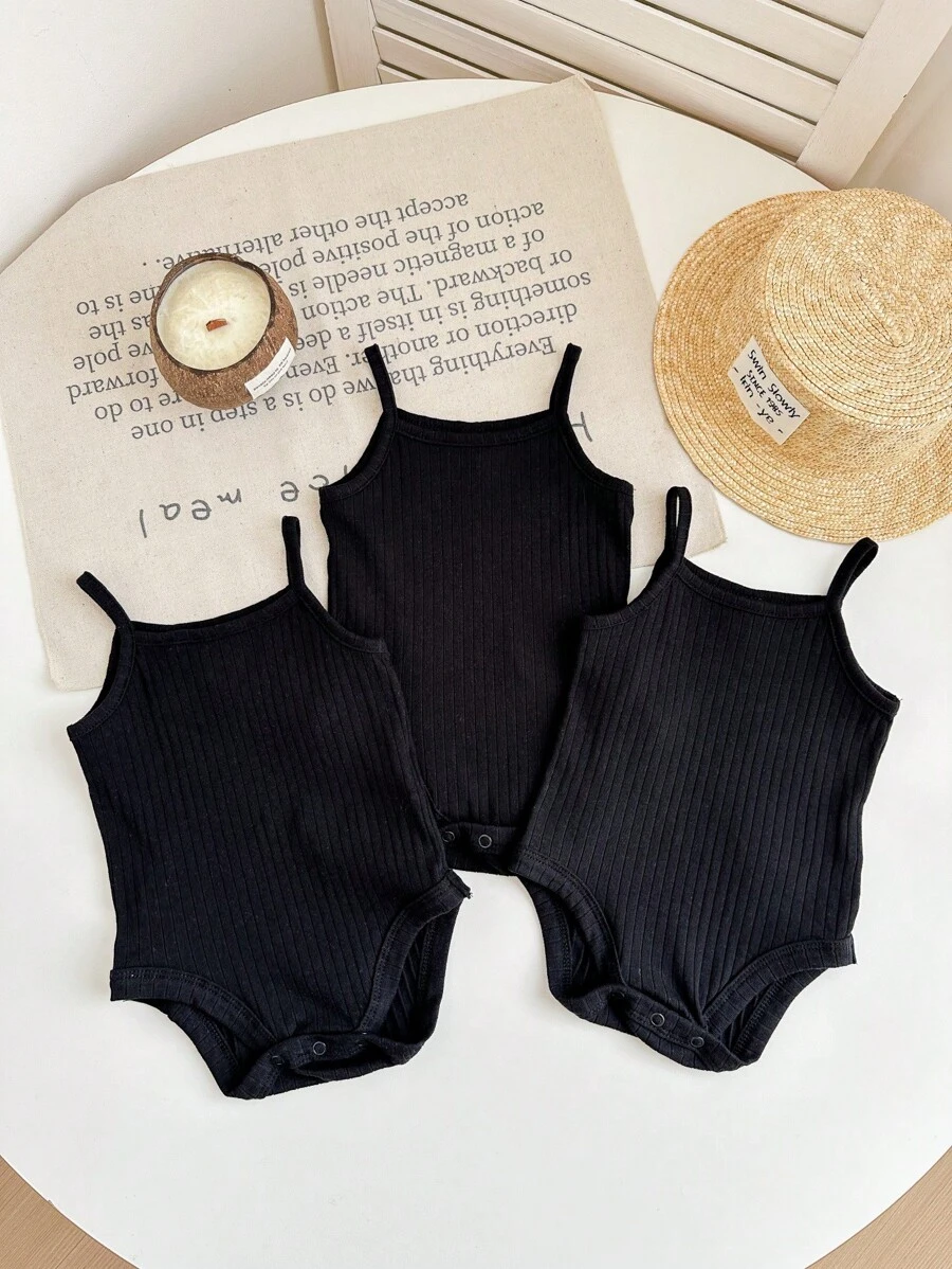 SHEIN LMoss Kids LMoss 3pcs/Set Newborn Baby Girl Cute White Knit Strap Bodysuit Set For Summer - Black - View 1