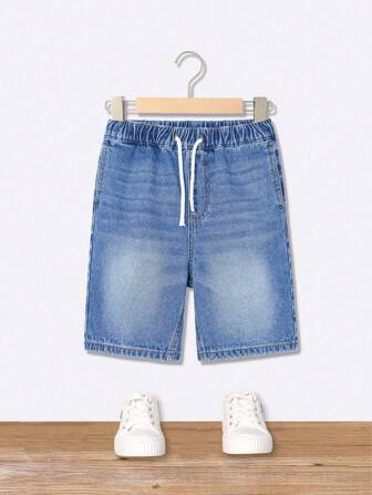 SHEIN Vintaside Kids Pantalones cortos vaqueros de ajuste holgado y versátil con cordón en la cintura, estilo de ropa urbana informal para niño preadolescente