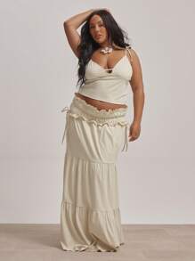 MUSERA 低腰褶皱腰带侧系带多层宽松性感可爱优雅长裙，仅限毕业季、假期、波西米亚风、节日穿着 - 奶油色 - 查看 1