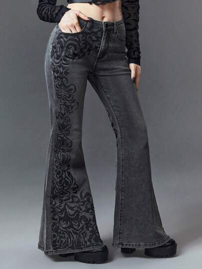Plus Size Gothic Vintage Floral Print Slim Fit Stretchy Low Waist Flared Jeans