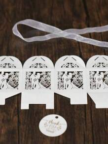 SHEIN 25 Stücke/Packung Braut & Bräutigam Lasergeschnittene perlmuttfarbene Papier-Süßigkeitendose mit Schleife & Dankeschön-Anhänger & Rosenblumendesign, kleine Größe (5*5*8cm) Hochzeitsfeier Geschenkbox
