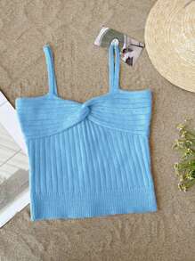 Tween Girl Rib-Knit Twisted Tube Top Camisole  Summer Knitwear Girls' Knitted Tank Top Kids'  All-Match Knitted Vest - Baby Blue - View 1