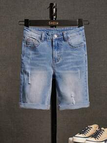 SHEIN Tween Boy Casual Ripped Hem Pockets Versatile Denim Shorts Blue Jean Shorts Ripped Jean Shorts - Medium Wash - View 1