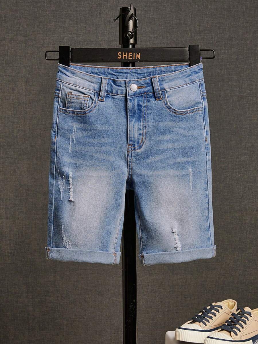 SHEIN Tween Boy Casual Ripped Hem Pockets Versatile Denim Shorts Blue Jean Shorts Ripped Jean Shorts - Medium Wash - View 1