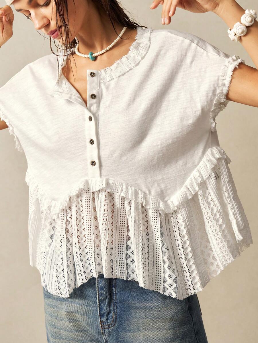 Bohemela Solid Color Knit Lace Panel Round Neck Loose Asymmetrical Hem Women T-Shirt - White - View 1