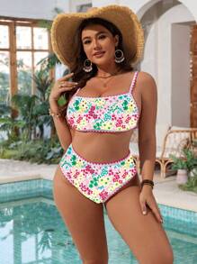Swim Mod 2pcs/Set Plus Size Women's Cute Ditsy Floral Tie-Front Tankini Swimsuit Set - Multicolor - View 5