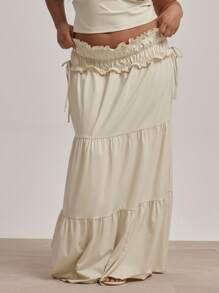 MUSERA 低腰褶皱腰带侧系带多层宽松性感可爱优雅长裙，仅限毕业季、假期、波西米亚风、节日穿着 - 奶油色 - 查看 2
