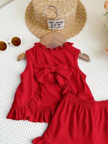 LMoss Kids 2件組女嬰針織純色圓領荷葉邊上衣與短褲套裝 - 紅色 - 查看 5