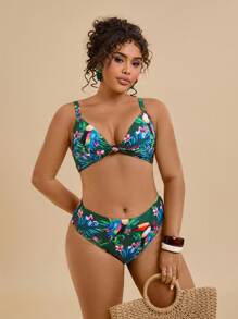 Travachic Plus Size Tropical Print Twist Front Bikini Top: Green Knitted Fabric, Spaghetti Strap, Sleeveless, Casual Style For Summer
